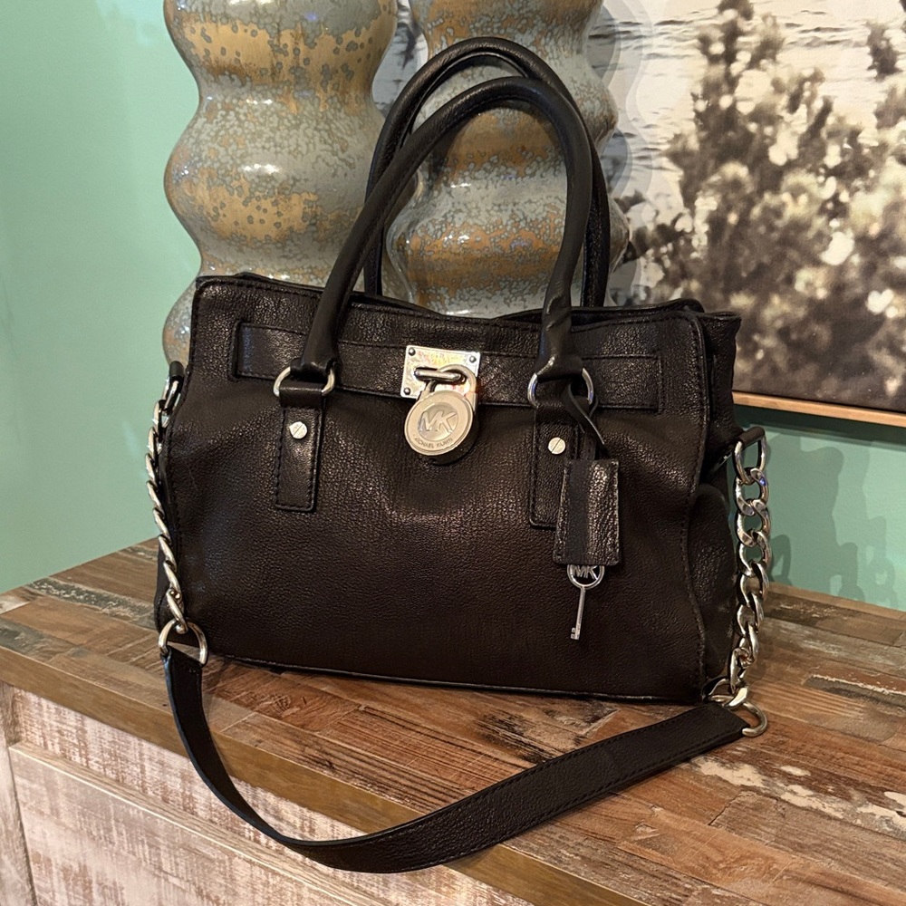 Michael Kors Black Leather Satchel with Silver Hardware